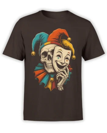 Colorful jester mask, skull, and skeleton hand graphic printed on a brown T-shirt