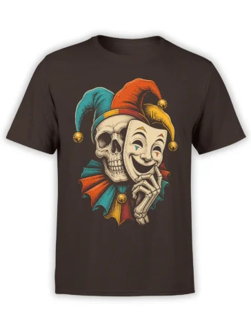 Colorful jester mask, skull, and skeleton hand graphic printed on a brown T-shirt
