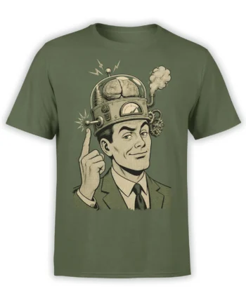 Vintage scientist in a suit with a brain-powered mechanical helmet and gears on an olive green T-shirt
