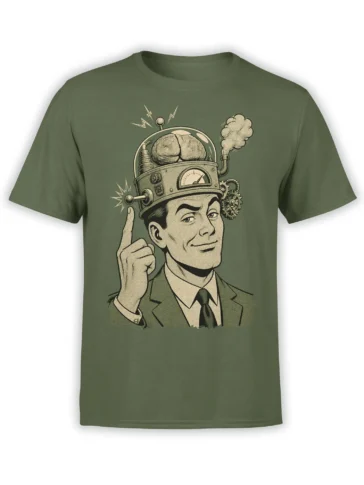 Vintage scientist in a suit with a brain-powered mechanical helmet and gears on an olive green T-shirt