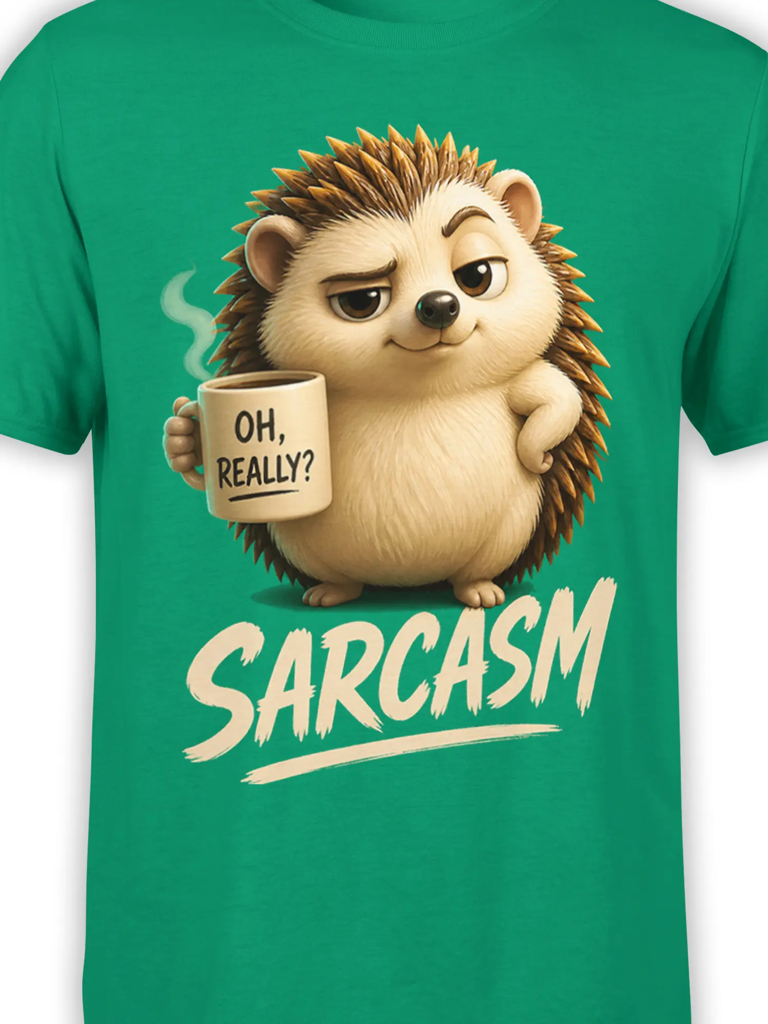 Close-up of sarcastic hedgehog artwork and “OH, REALLY?” coffee mug on a green T-shirt