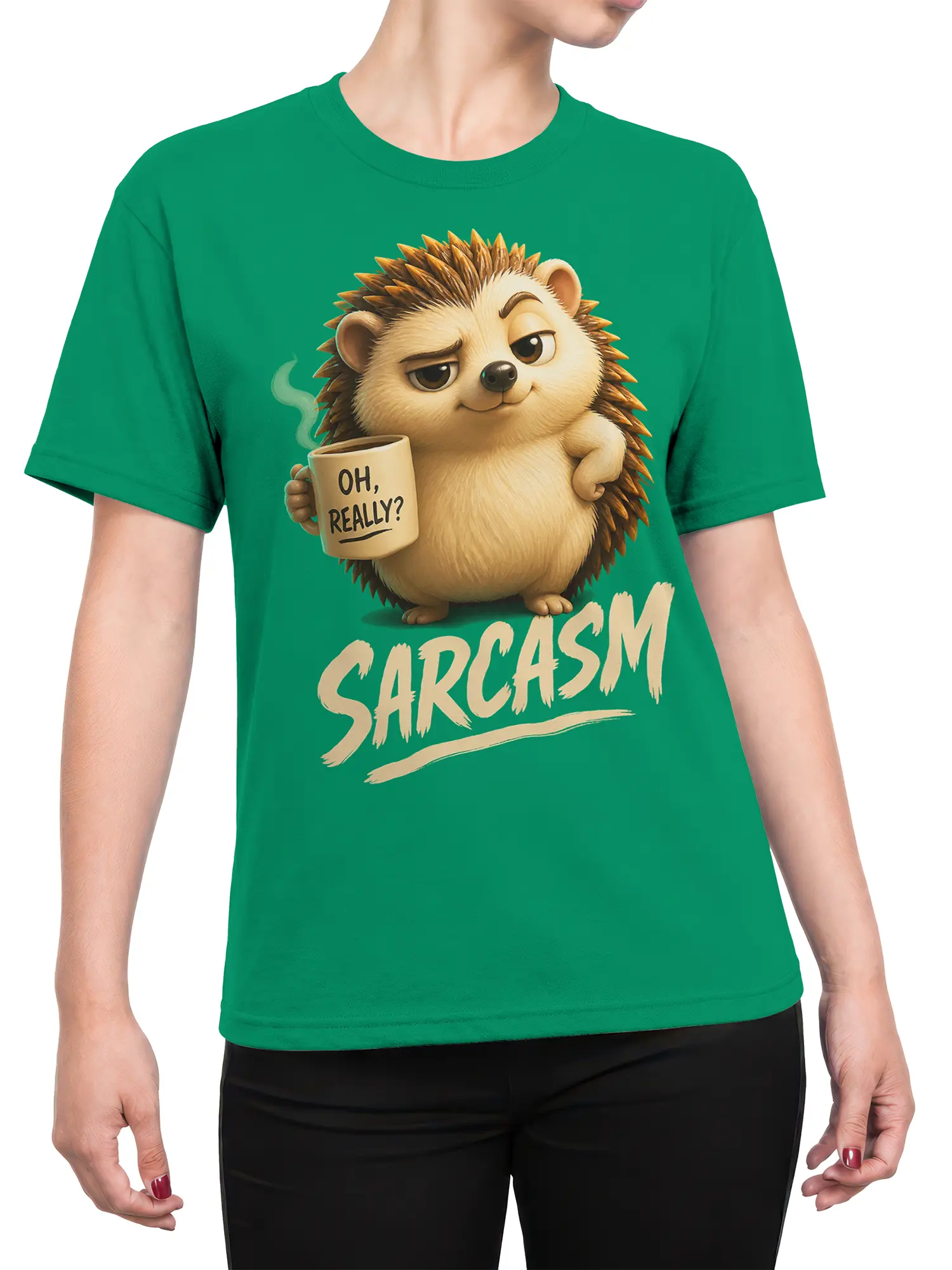 Female torso wearing a green sarcastic hedgehog T-shirt with coffee mug and bold “SARCASM” design