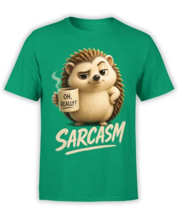 Green hedgehog t-shirt with a sarcastic animal holding a coffee mug marked “OH, REALLY?”