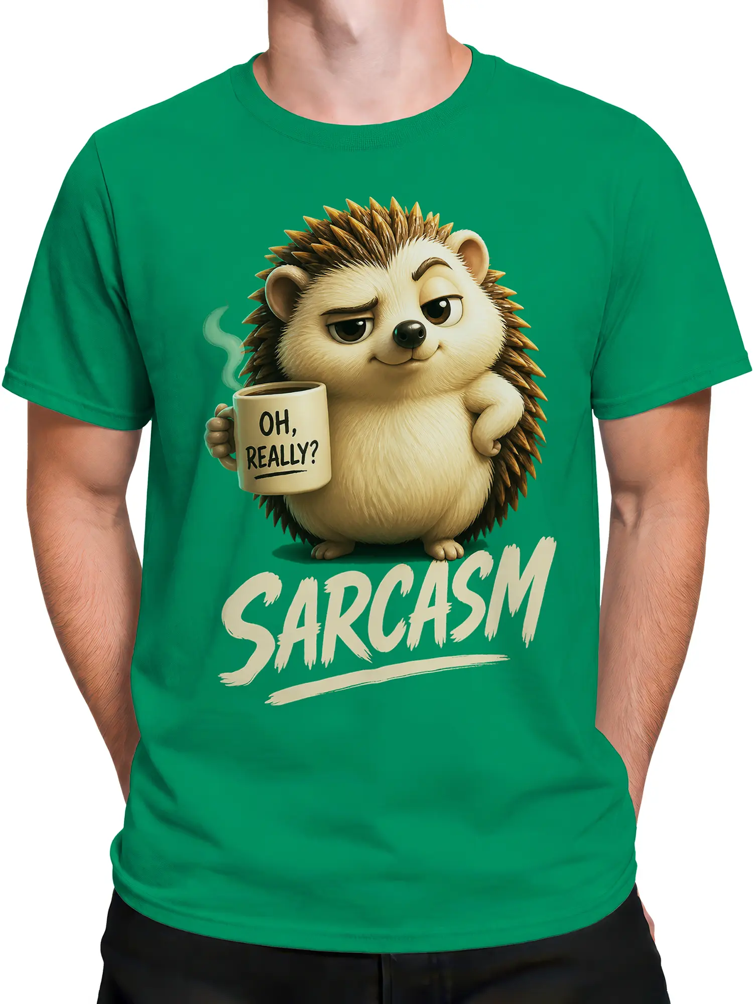 Male torso wearing a green hedgehog coffee T-shirt with a skeptical expression and sarcasm lettering