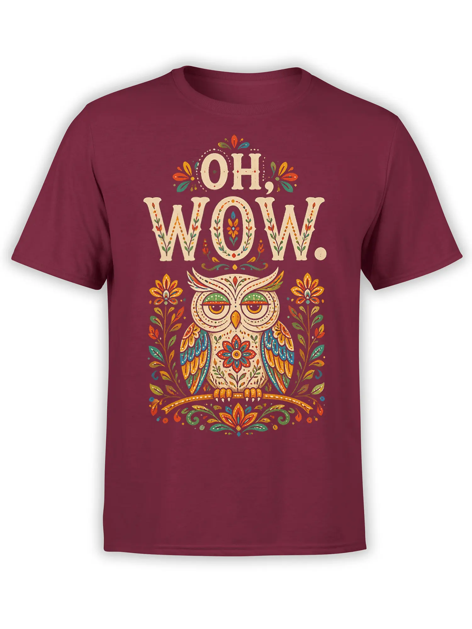 Decorative wide-eyed owl T-shirt in burgundy with colorful folk flowers and “OH WOW.” lettering