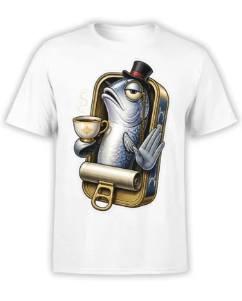 White T-shirt with an aristocratic silver-blue fish in a top hat, monocle, and ornate gold frame