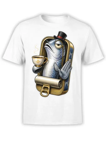 White T-shirt with an aristocratic silver-blue fish in a top hat, monocle, and ornate gold frame