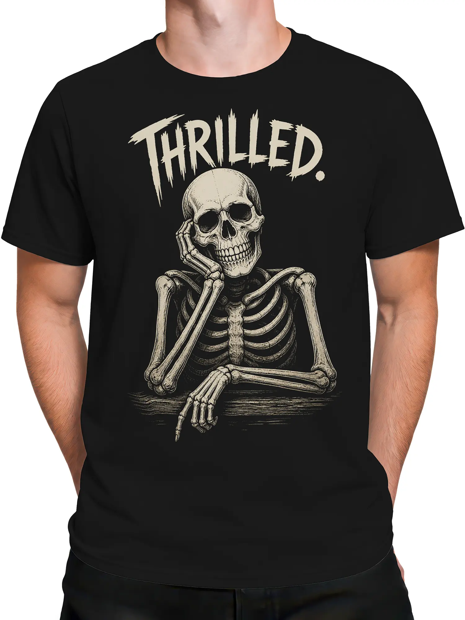 Male torso wearing a black T-shirt with a grinning skeleton and distressed cream lettering