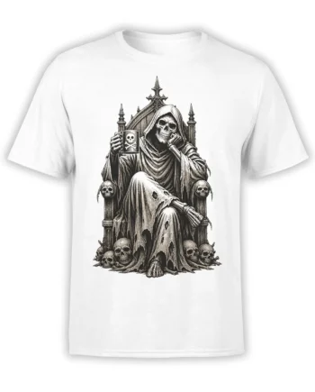 White T-shirt with a hooded skeleton on an ornate throne, holding a skull mug among scattered skulls