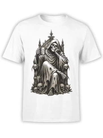 White T-shirt with a hooded skeleton on an ornate throne, holding a skull mug among scattered skulls