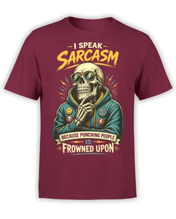 Sarcastic skeleton in sunglasses and teal hoodie on a burgundy shirt with bold lightning graphic