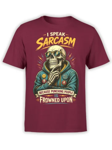 Sarcastic skeleton in sunglasses and teal hoodie on a burgundy shirt with bold lightning graphic