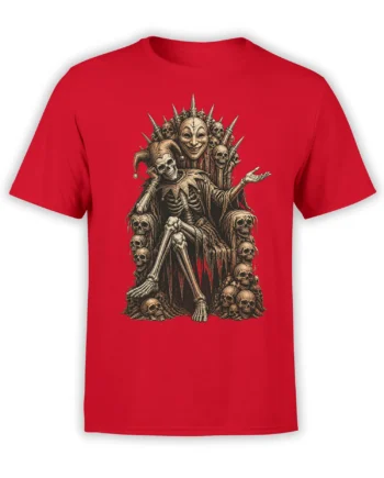 Macabre skeleton throne design with skulls and spikes printed on a red T-shirt