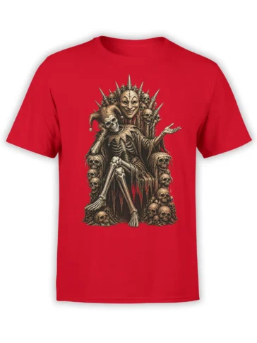 Macabre skeleton throne design with skulls and spikes printed on a red T-shirt