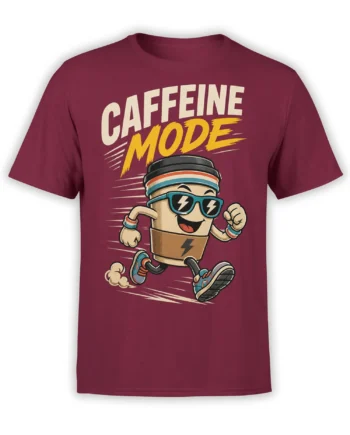Turbo Brew coffee T-shirt in burgundy with a running cartoon cup, sunglasses, lightning details, and Caffeine Mode text