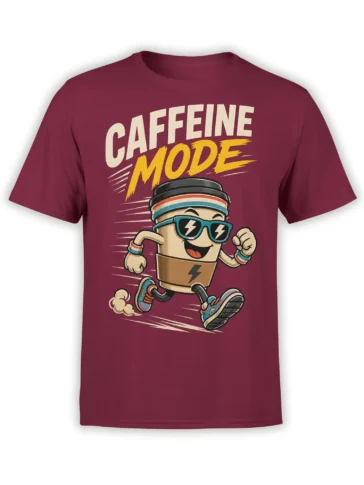 Turbo Brew coffee T-shirt in burgundy with a running cartoon cup, sunglasses, lightning details, and Caffeine Mode text