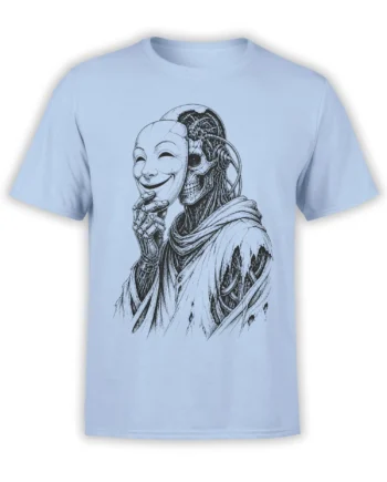Light blue skull T-shirt with a smiling theater mask and hooded skeletal figure in detailed black line art