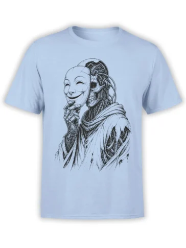 Light blue skull T-shirt with a smiling theater mask and hooded skeletal figure in detailed black line art