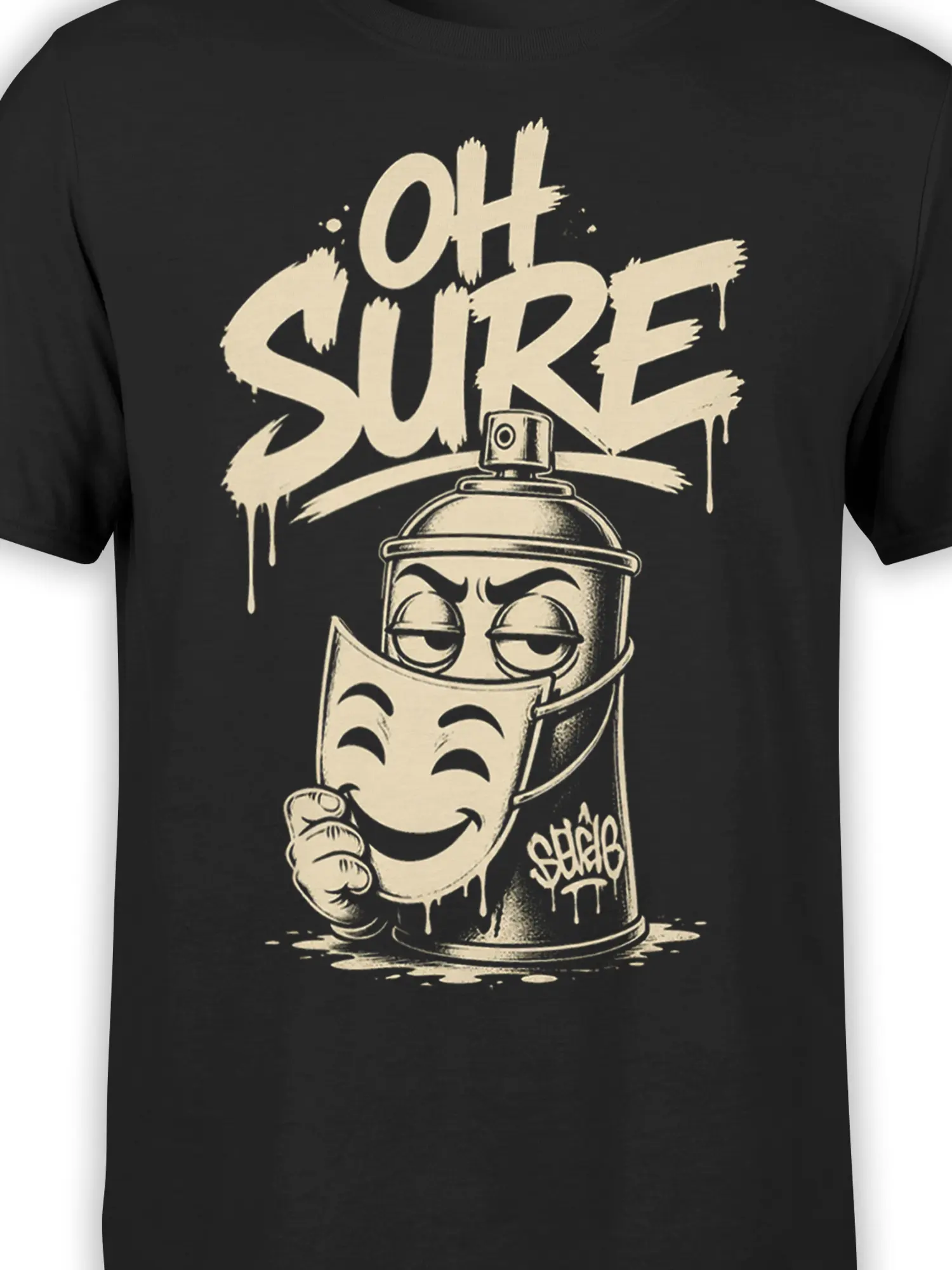 Close-up of sleepy aerosol can character and dripping “OH SURE” graffiti artwork on black fabric