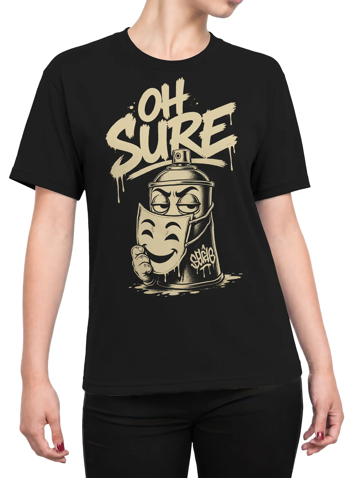 Female torso wearing black T-shirt with sleepy spray paint can and “OH SURE” graffiti graphic