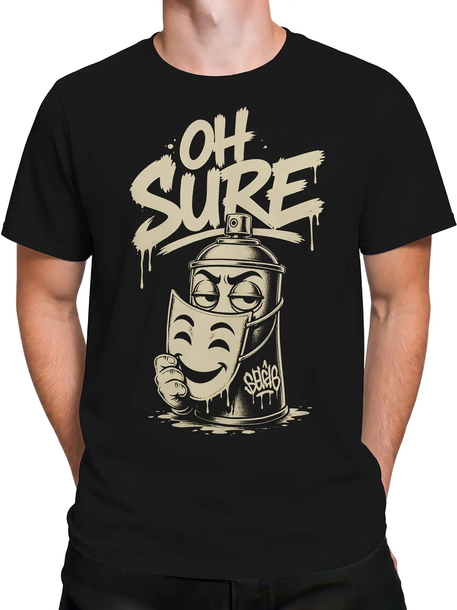 Male torso wearing black street art T-shirt with sleepy spray paint can graphic