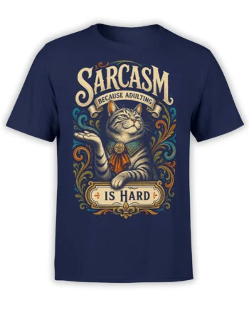Striped cat sarcasm design with raised paw and adulting humor on a navy cat T-shirt