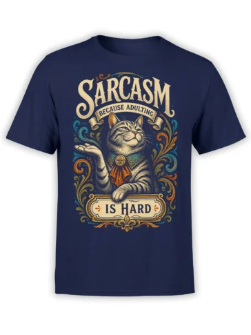 Striped cat sarcasm design with raised paw and adulting humor on a navy cat T-shirt