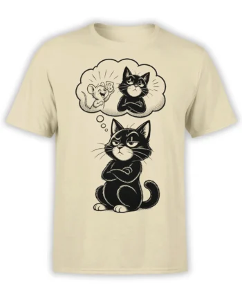 Black cat with crossed arms and a thought bubble on a beige cat T-shirt