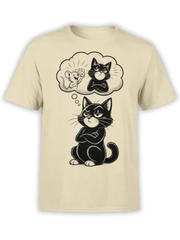 Black cat with crossed arms and a thought bubble on a beige cat T-shirt