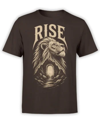 Brown lion T-shirt with beige RISE lettering, mountain passage, and glowing arched doorway artwork