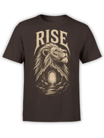 Brown lion T-shirt with beige RISE lettering, mountain passage, and glowing arched doorway artwork