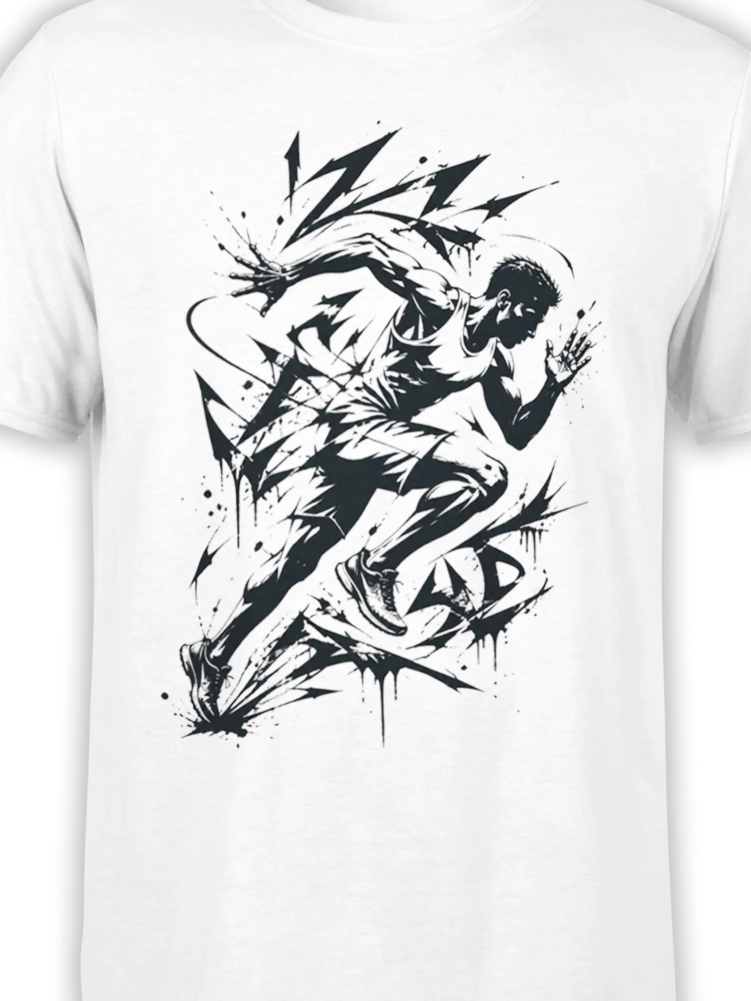 Close-up of black and white runner artwork with dynamic ink splashes on a white shirt