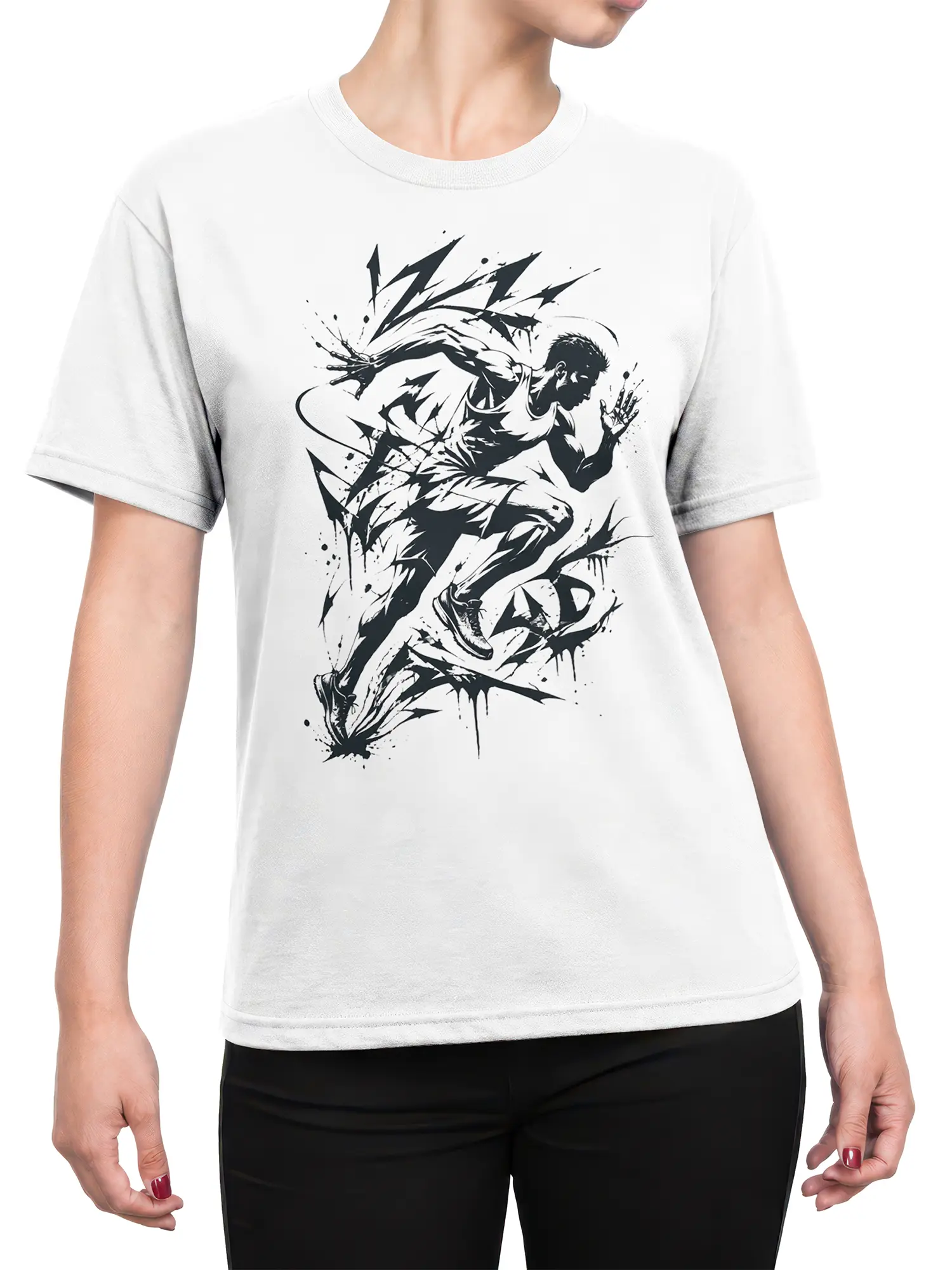 Female torso wearing a white runner T-shirt with bold black sprinting artwork across the front