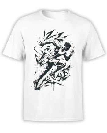White runner T-shirt with a black ink illustration of a sprinter surrounded by sharp motion marks