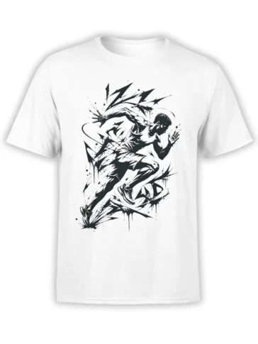 White runner T-shirt with a black ink illustration of a sprinter surrounded by sharp motion marks