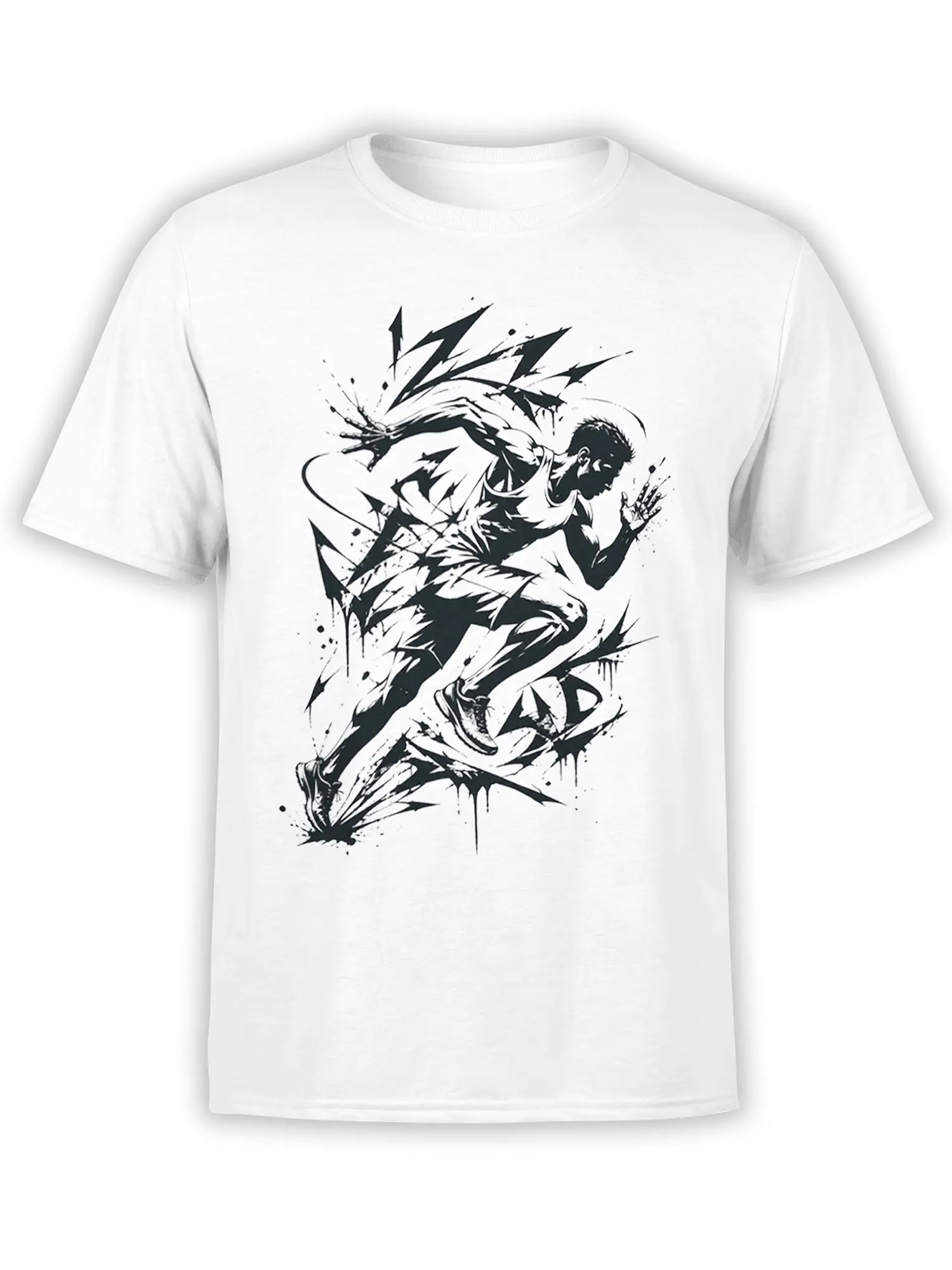 White runner T-shirt with a black ink illustration of a sprinter surrounded by sharp motion marks