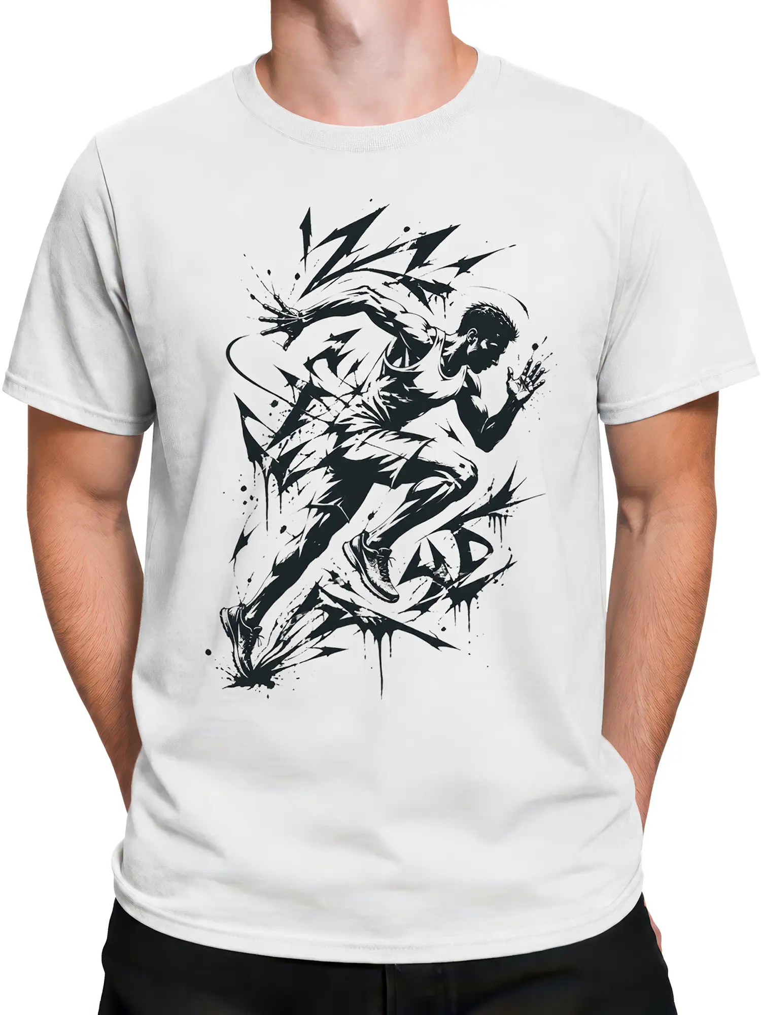 Male torso wearing a white runner T-shirt with dynamic black ink athlete artwork