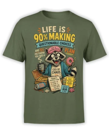 Funny raccoon CEO of chaos design with coffee, donut, pizza, and planning text on green shirt