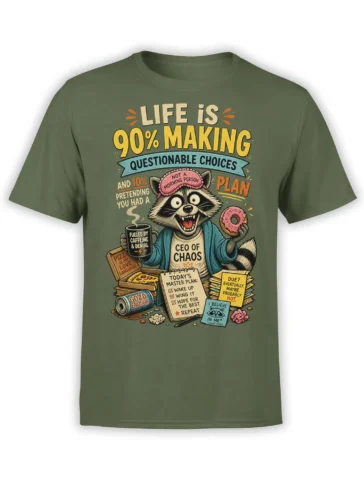 Funny raccoon CEO of chaos design with coffee, donut, pizza, and planning text on green shirt