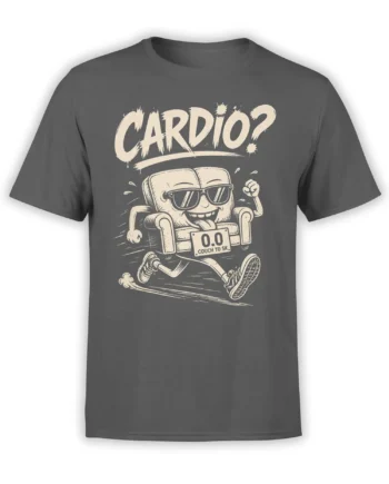 Gray running T-shirt with a sunglasses-wearing armchair, “CARDIO?” text, and a 0.0 Couch to 5K sign