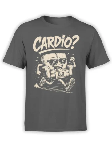 Gray running T-shirt with a sunglasses-wearing armchair, “CARDIO?” text, and a 0.0 Couch to 5K sign