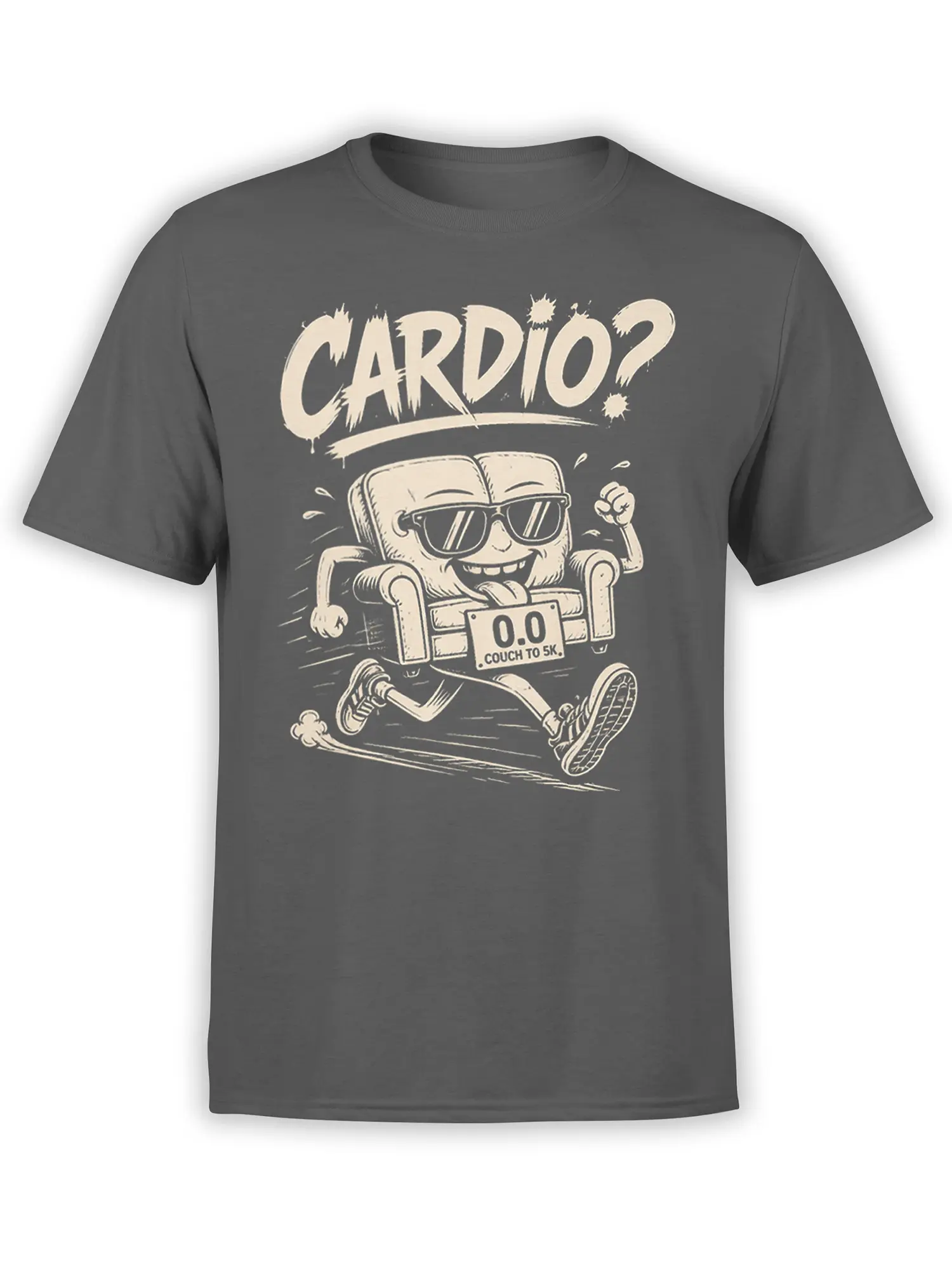 Gray running T-shirt with a sunglasses-wearing armchair, “CARDIO?” text, and a 0.0 Couch to 5K sign