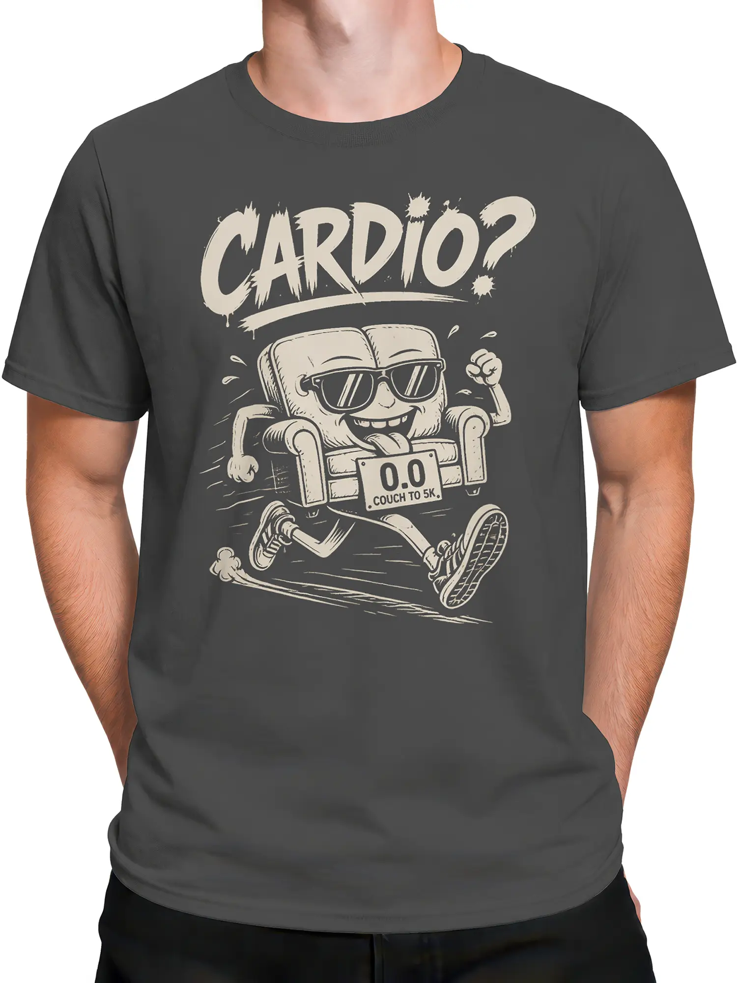 Male torso wearing gray running T-shirt with funny sprinting armchair graphic