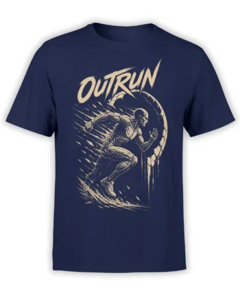 Outrun skeleton runner graphic on a navy T-shirt with a full moon and distressed cream artwork