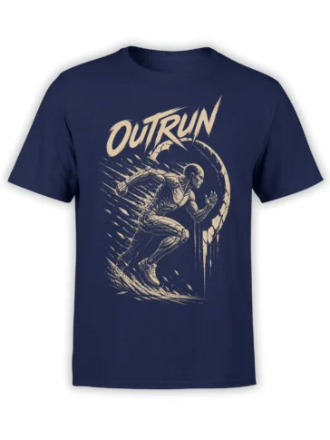 Outrun skeleton runner graphic on a navy T-shirt with a full moon and distressed cream artwork