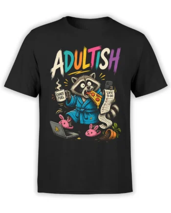 Adultish raccoon design with pizza, chaos fuel mug, phone, and to-do list on a black T-shirt