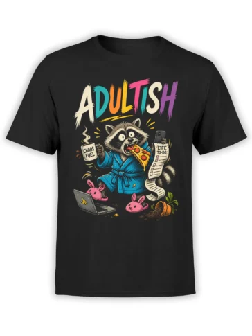 Adultish raccoon design with pizza, chaos fuel mug, phone, and to-do list on a black T-shirt