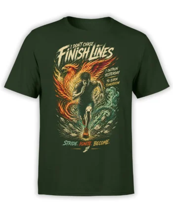 Dark green eagle runner T-shirt with fiery bird artwork and the words Outrun Yesterday