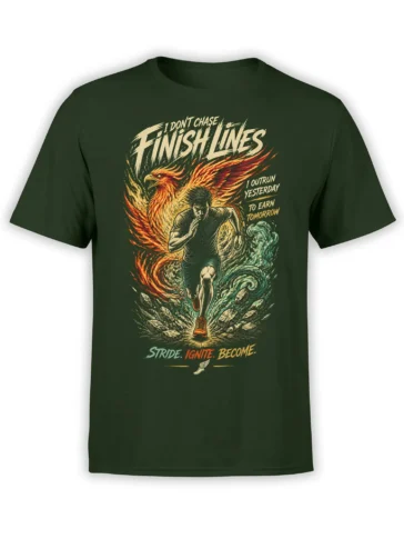 Dark green eagle runner T-shirt with fiery bird artwork and the words Outrun Yesterday