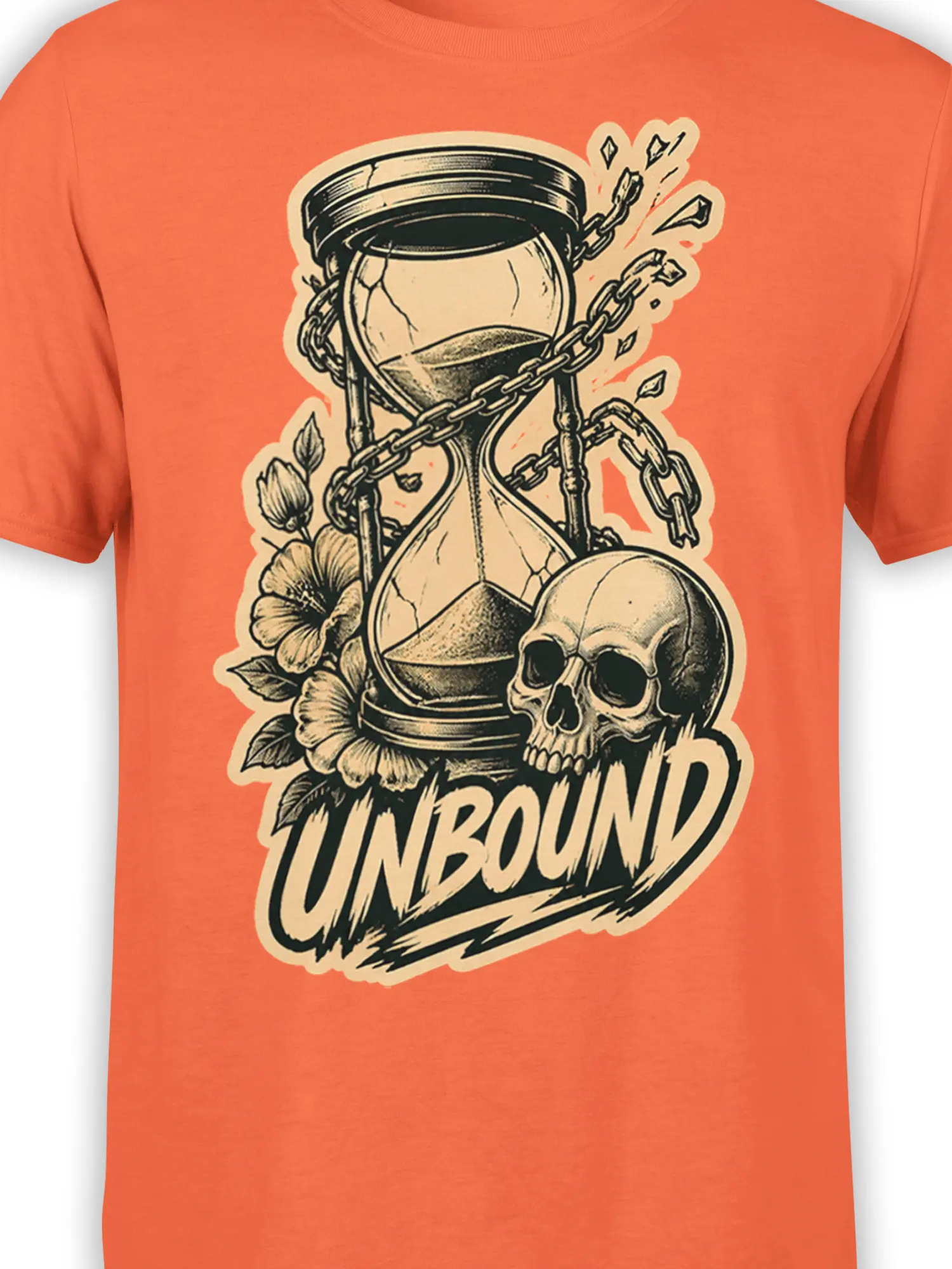 Close-up of the UNBOUND hourglass skull design with chains and flowers on an orange T-shirt